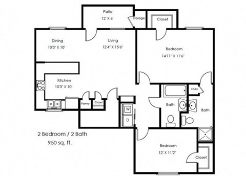 Floor plan for 2 beds, 2 baths, 950 sqft